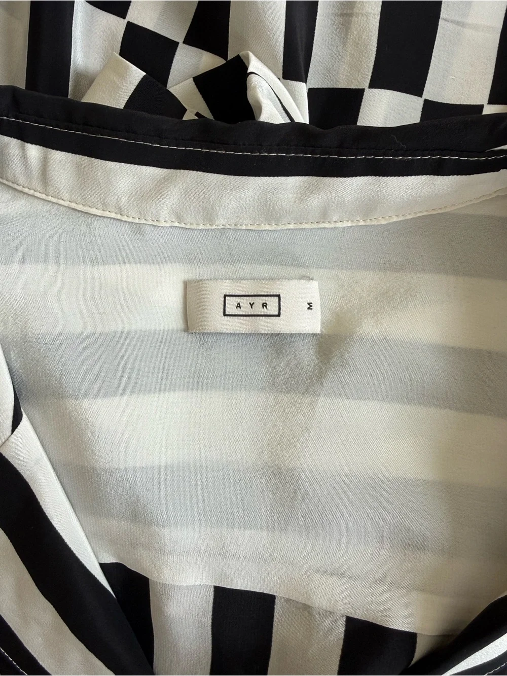 AYR The Pool Boy Silk Viscose Short Sleeve Striped Black and White Shirt M - Picture 3 of 4